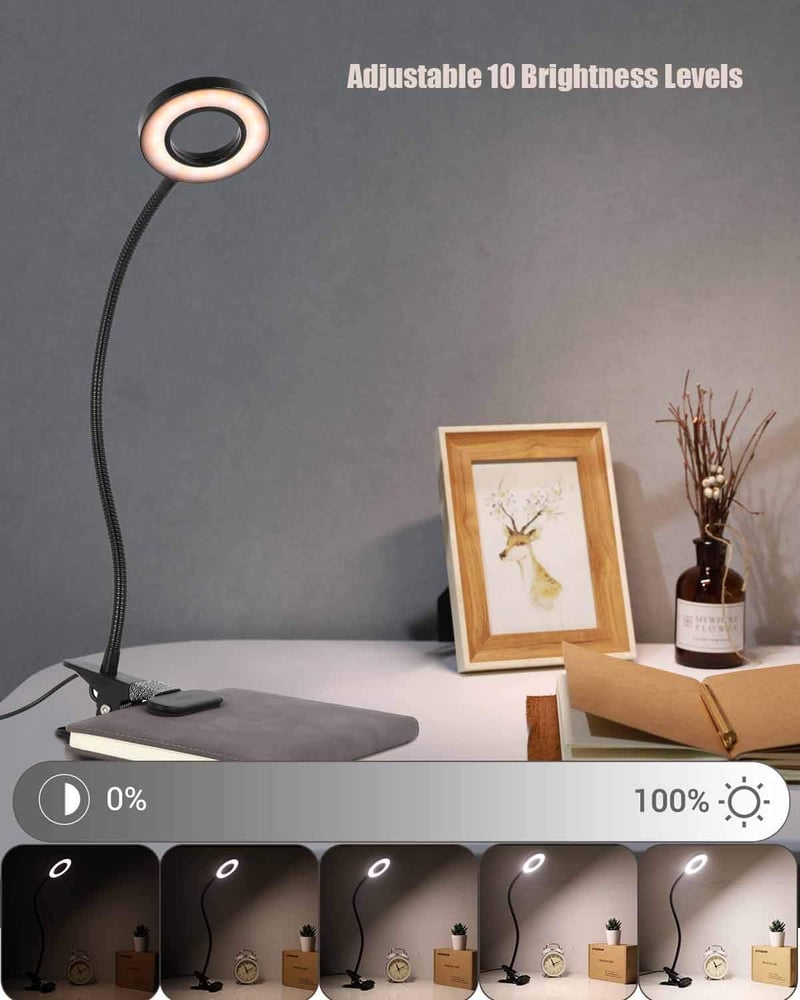 EYOCEAN LED Csiptetős Olvasólámpa Flexibilis Nyakkal, 3 Mód 10 Fokozat Fényerő