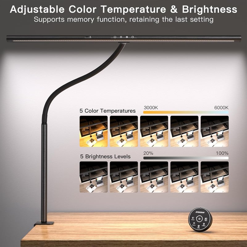 EYOCEAN LED Íróasztali Lámpa Gesztus- és Távirányítással - 24W 80cm Csíptethető Monitovilágítás, Állítható Fényerő, Szemkímélő Munkalámpa Ir