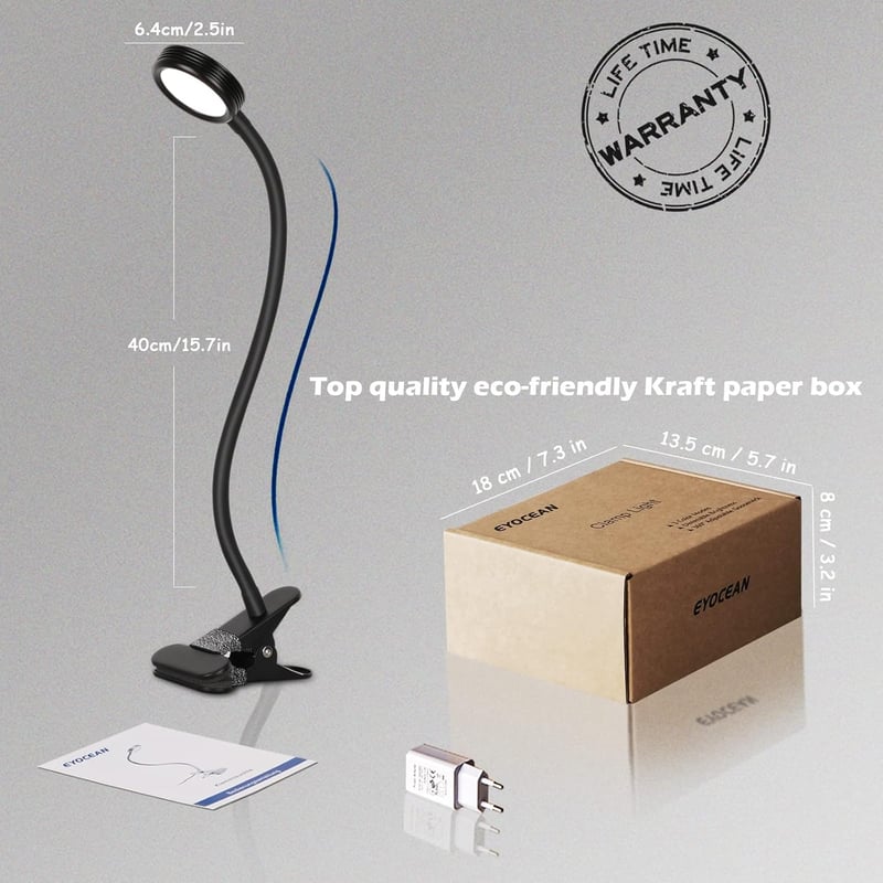 EYOCEAN LED Olvasólámpa Klippes Asztali Lámpa 3 Szín 9 Fényerő USB Kábellel