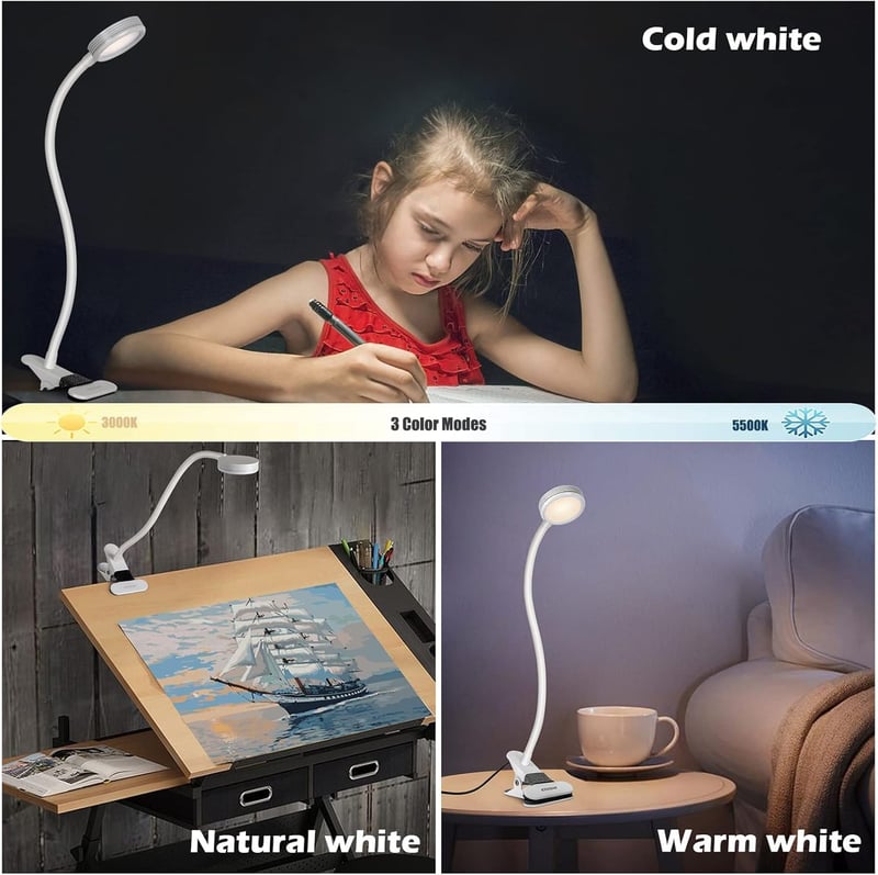 EYOCEAN LED Olvasólámpa Klippes Asztali Lámpa 3 Szín 9 Fényerő USB Kábellel