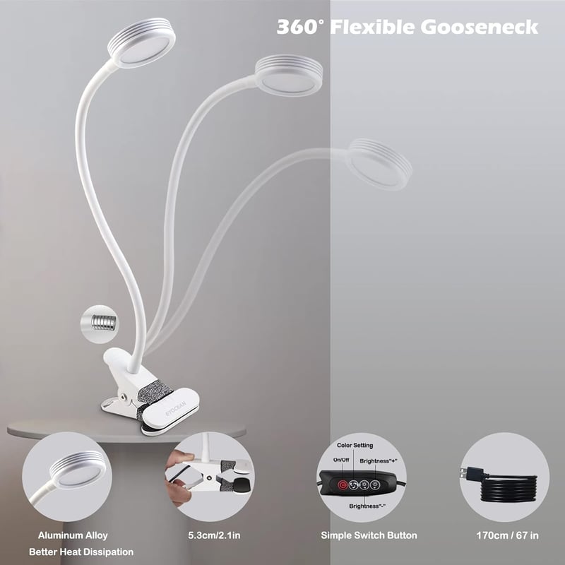 EYOCEAN LED Olvasólámpa Klippes Asztali Lámpa 3 Szín 9 Fényerő USB Kábellel