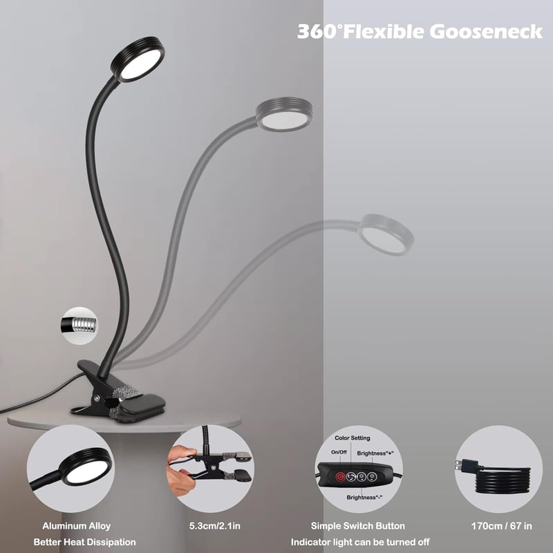 EYOCEAN LED Olvasólámpa Klippes Asztali Lámpa 3 Szín 9 Fényerő USB Kábellel