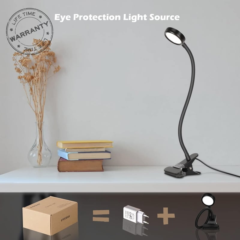 EYOCEAN LED Olvasólámpa Klippes Asztali Lámpa 3 Szín 9 Fényerő USB Kábellel
