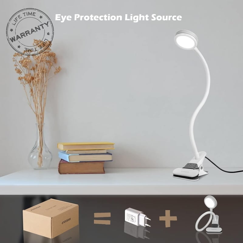 EYOCEAN LED Olvasólámpa Klippes Asztali Lámpa 3 Szín 9 Fényerő USB Kábellel