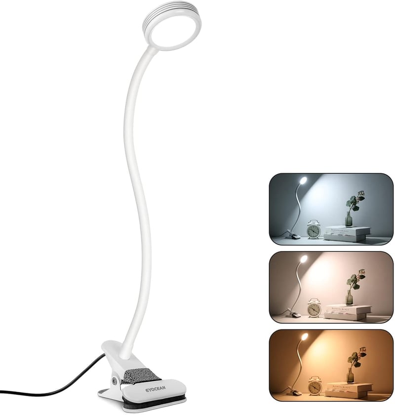 EYOCEAN LED Olvasólámpa Klippes Asztali Lámpa 3 Szín 9 Fényerő USB Kábellel