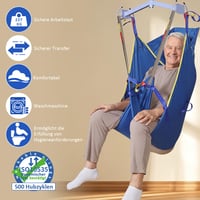 EZ Assistive Zdvihací popruh s opierkou hlavy a nožnými slučkami, modrý, veľkosť L, nosnosť 230 kg, pre seniorov a ošetrovateľstvo, prateľný transferový popruh 3