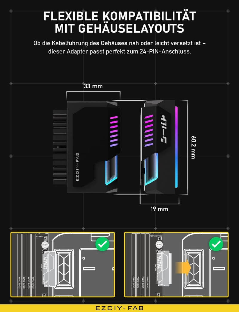 EZDIY-FAB 24 Pin 90 Fokos ATX Tápcsatlakozó Adapter ARGB LED Világítással