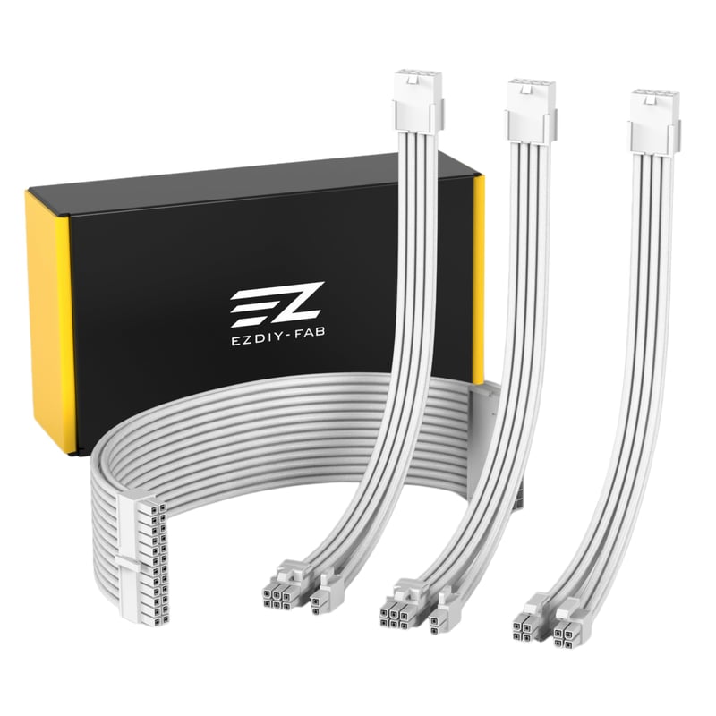 Súprava opletených predlžovacích káblov k zdroju EZDIY-FAB, 24PIN/8PIN/4+4PIN – 300 mm, biela