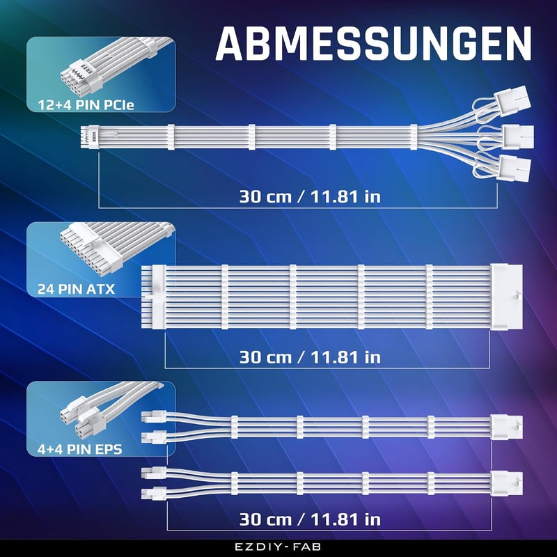 EZDIY-FAB PCIe 5.0 12VHPWR sleeved kábelkészlet 16AWG tápkábel toldó 24 pin ATX EPS 4+4 és 12+4 3x8 pin RTX 4080 4070 Ti, fehér
