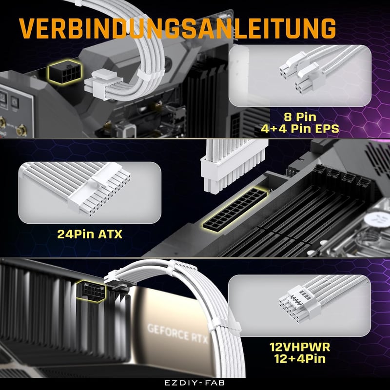 EZDIY-FAB PCIe 5.0 12VHPWR sleeved kábelkészlet 16AWG tápkábel toldó 24 pin ATX EPS 4+4 és 12+4 3x8 pin RTX 4080 4070 Ti, fehér