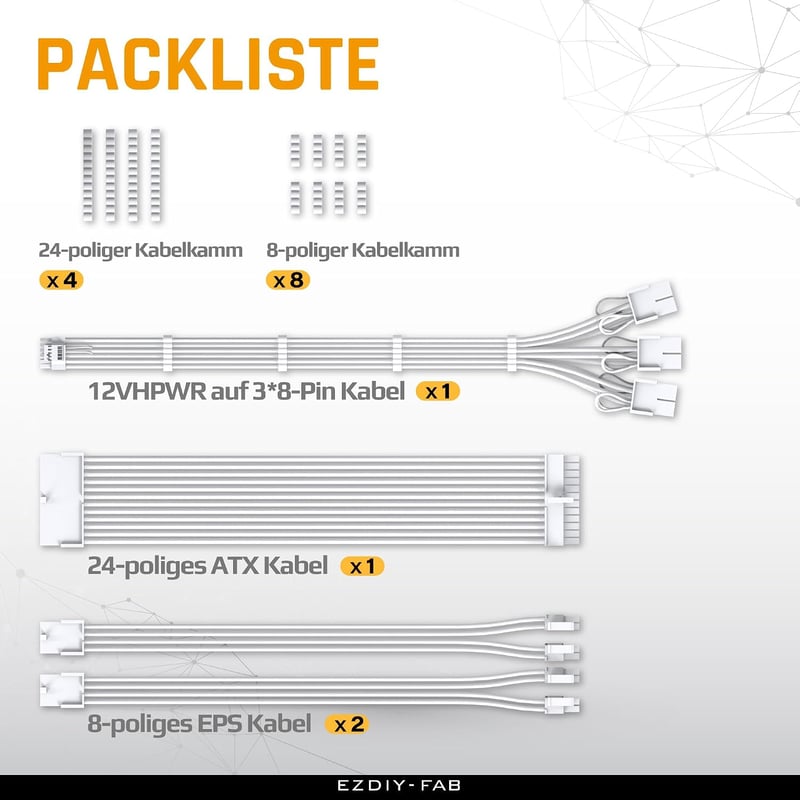 EZDIY-FAB PCIe 5.0 12VHPWR sleeved kábelkészlet 16AWG tápkábel toldó 24 pin ATX EPS 4+4 és 12+4 3x8 pin RTX 4080 4070 Ti, fehér
