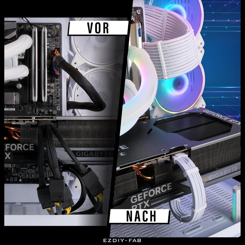 EZDIY-FAB PCIe 5.0 12VHPWR sleeved kábelkészlet 16AWG tápkábel toldó 24 pin ATX EPS 4+4 és 12+4 3x8 pin RTX 4080 4070 Ti, fehér