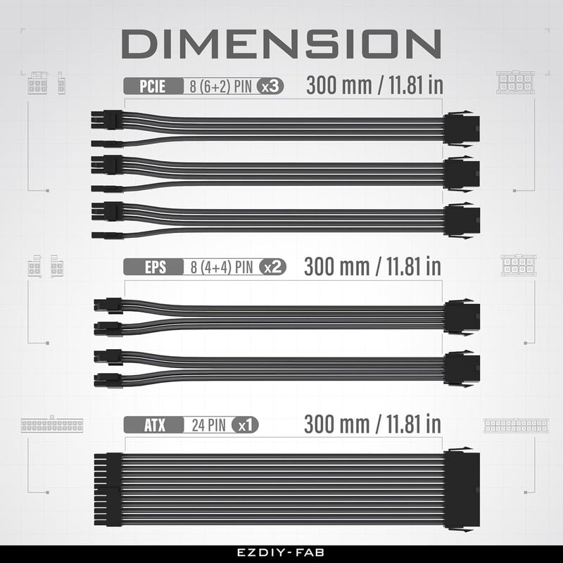 EZDIY-FAB PSU kábel hosszabbító szett 24PIN/8PIN fekete nylon mesh 300mm