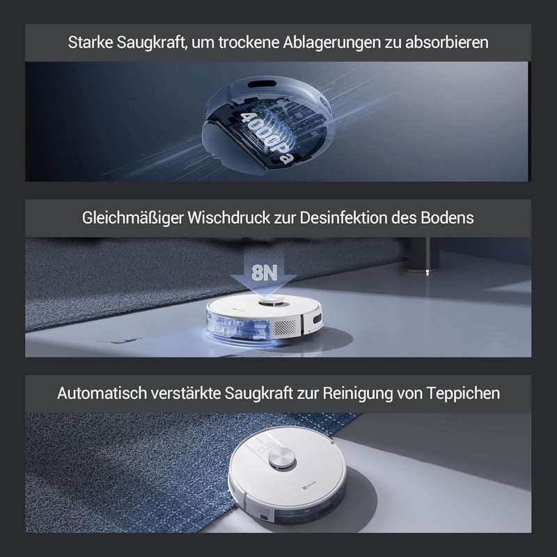 EZVIZ RE4 Robotporszívó és Felmosó 4000PA - 3 az 1-ben Takarítórobot WiFi Vezérléssel, Állatszőrre, Szőnyegre és Kemény Padlóra