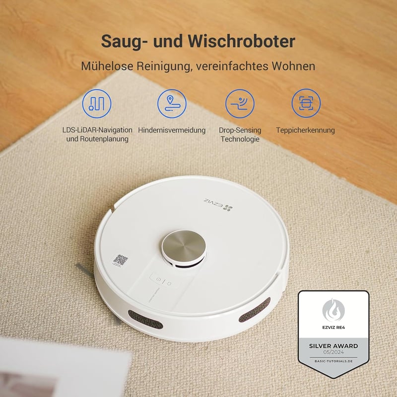 EZVIZ RE4 Robotporszívó és Felmosó 4000PA - 3 az 1-ben Takarítórobot WiFi Vezérléssel, Állatszőrre, Szőnyegre és Kemény Padlóra