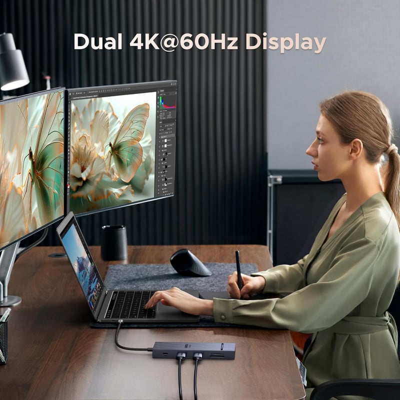 UGREEN Revodok Pro USB C Hub 10Gbps - Kettős 4K@60Hz HDMI, Ethernet, 100W PD Töltés, SD/TF Kártyaolvasó, USB 3.2 Portok, Fekete Dokkoló Állo