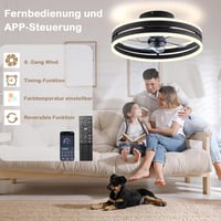 Revneey Mennyezeti Ventilátor Lámpával 50W - Fekete 40cm LED Lámpa Távirányítóval és Applikációval, 6 Sebességű Hálószobai Nappaliba Időzítő 5