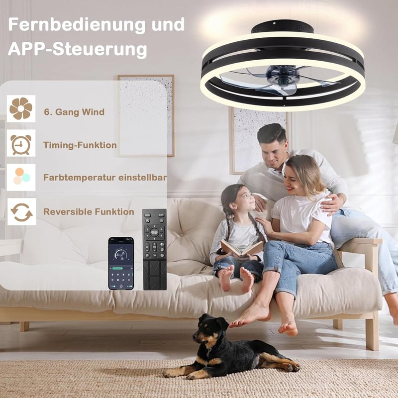 Revneey Mennyezeti Ventilátor Lámpával 50W - Fekete 40cm LED Lámpa Távirányítóval és Applikációval, 6 Sebességű Hálószobai Nappaliba Időzítő