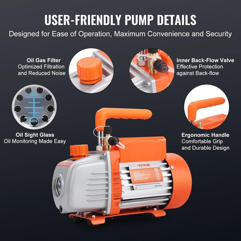 VEVOR 100L/min Vákuumszivattyú A2L Robbanásbiztos 150W 220V/50Hz Klímaszerelő Készlet Nyomásmérővel Légkondicionáló és Autóhűtő Rendszerekhe