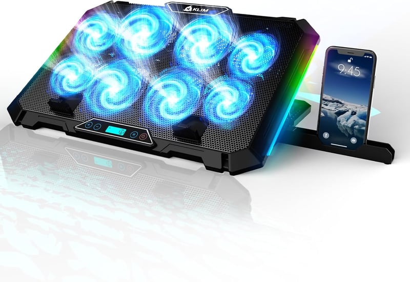 KLIM V8 Gamer Laptop Hűtőpad 8 Ventilátorral - RGB Világítás - 17 Colos Laptopokhoz - 2 USB Port - Telefontartó - Állítható Szög