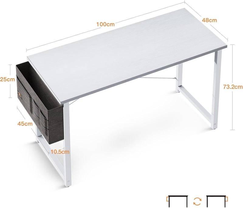 ODK Kompakt Íróasztal, 100 x 48 cm Számítógépasztal Fejhallgató Tartóval, Fehér Munkaasztal Kis Terekbe, Otthoni Iroda Asztal