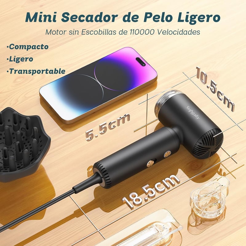 SUPGALIY Utazó Hajszárító 1500W - Ultrakönnyű 290g Mini Hajszárító Diffúzorral, 4 Hőfokozattal, Ionos Technológiával, Gyors Szárítás (Szürke
