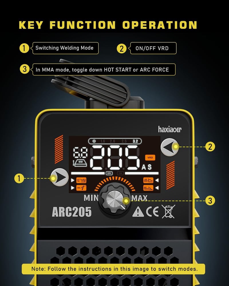 haxiaoer ARC205 Inverteres Hegesztőgép - IGBT DC MMA/E-Hand/Lift-TIG Funkcióval, 205A, LED Kijelzővel, Anti-Stick, Hot Start, ARC Force, 10 