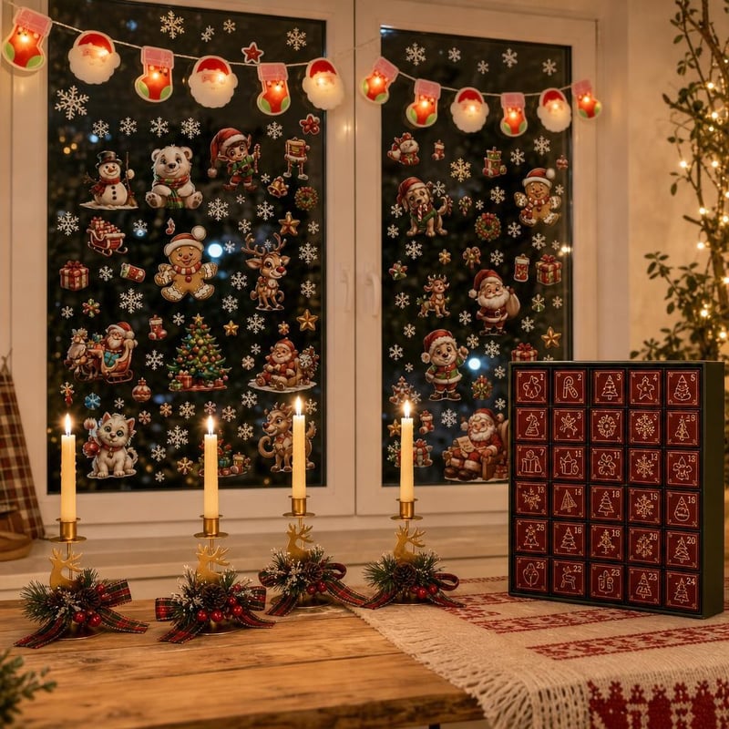 Adventný balíček: 171 ks nálepiek + LED reťaz s časovačom + 4 svietniky + puzzle kalendár