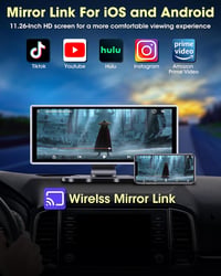 Vtopek 11,26" Vezeték Nélküli Apple CarPlay Android Autó Kijelző 2.5K Menetrögzítővel, Tolatókamerával, Bluetooth 5.0, Tükrözés Funkcióval,  6