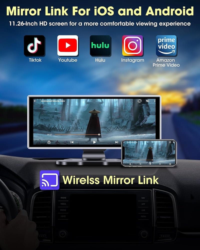 Vtopek 11,26" Vezeték Nélküli Apple CarPlay Android Autó Kijelző 2.5K Menetrögzítővel, Tolatókamerával, Bluetooth 5.0, Tükrözés Funkcióval, 