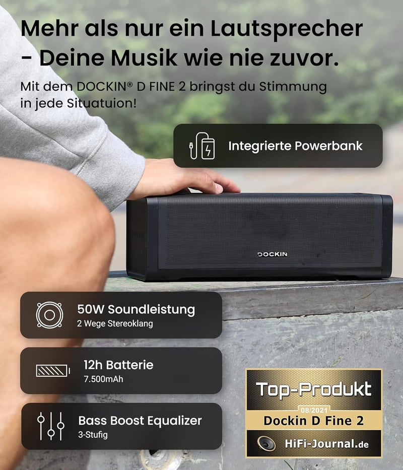 DOCKIN D FINE+ 2 Bluetooth Hangszóró, 50W, IPX5 Vízálló, 16 Órás Üzemidő, Powerbank Funkcióval, 3 DSP Hangszínszabályzóval, Fekete