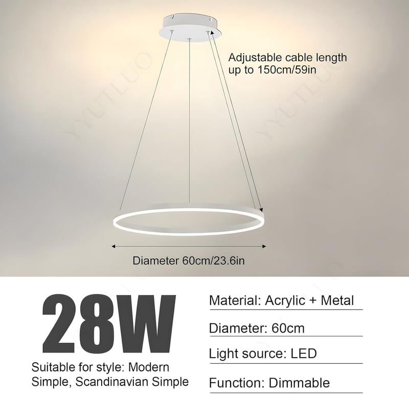 YYUTLUO Modern LED Csillár - 60 cm Fehér-Arany Kör Alakú Függőlámpa, 29W, Távirányítható, Fényerőszabályozható, Nappali Szobába, Akril-Alumí