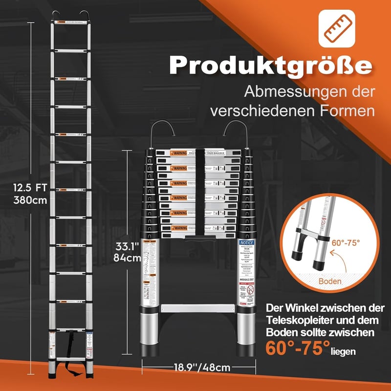 HBTower 3,8 m Teleszkópos Alumínium Létra Kampókkal - Könnyű, Összecsukható Padláslétra, Lakókocsikhoz, 150 kg Teherbírással, Ezüst