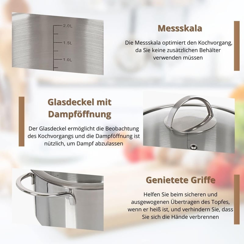Daniks Bonn rozsdamentes acél főzőedény 3,4L űrtartalommal, indukciós tűzhelyre, mérőskálával, üvegfedővel, 20 cm, ezüst