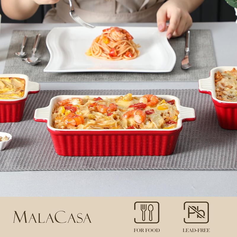 MALACASA 4 részes piros porcelán sütőtál készlet, kerek forma, tapadásmentes, fagyasztható, mosogatógépben mosható, hőálló tálak 9-13,3" mér