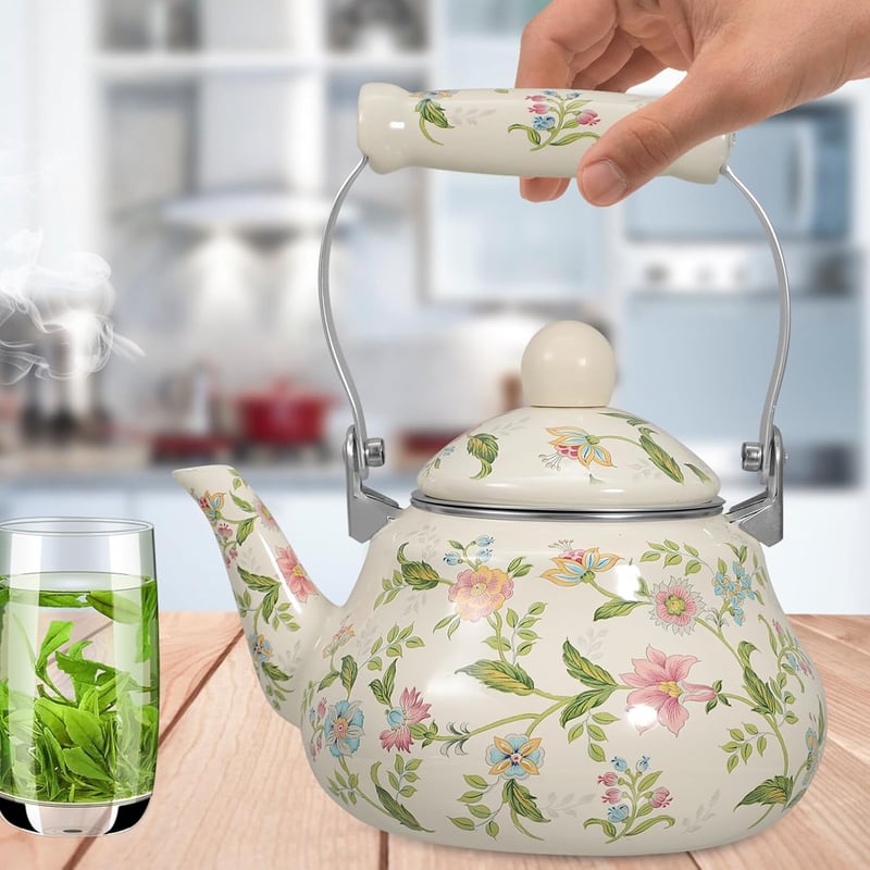 BESTonZON Vintage Teáskanna - Fehér Zománcozott Vízforraló Indukciós Főzőlapra - Retro Stílusú Hordozható Teafőző 730g