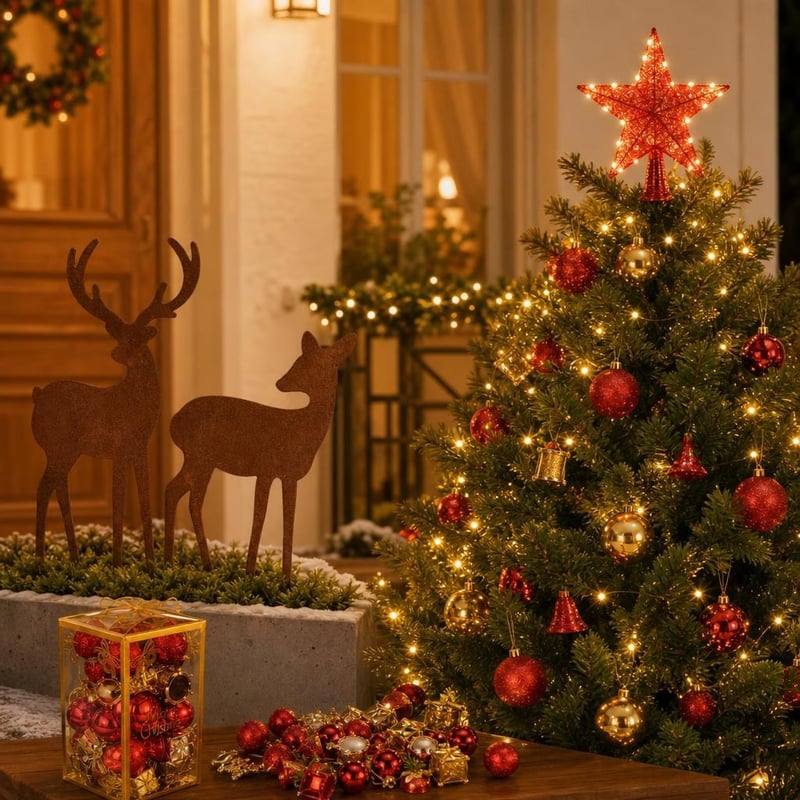Sviatočná vianočná sada: 32x ozdoba + LED reťaz + špica + 2x dekorácia jeleň