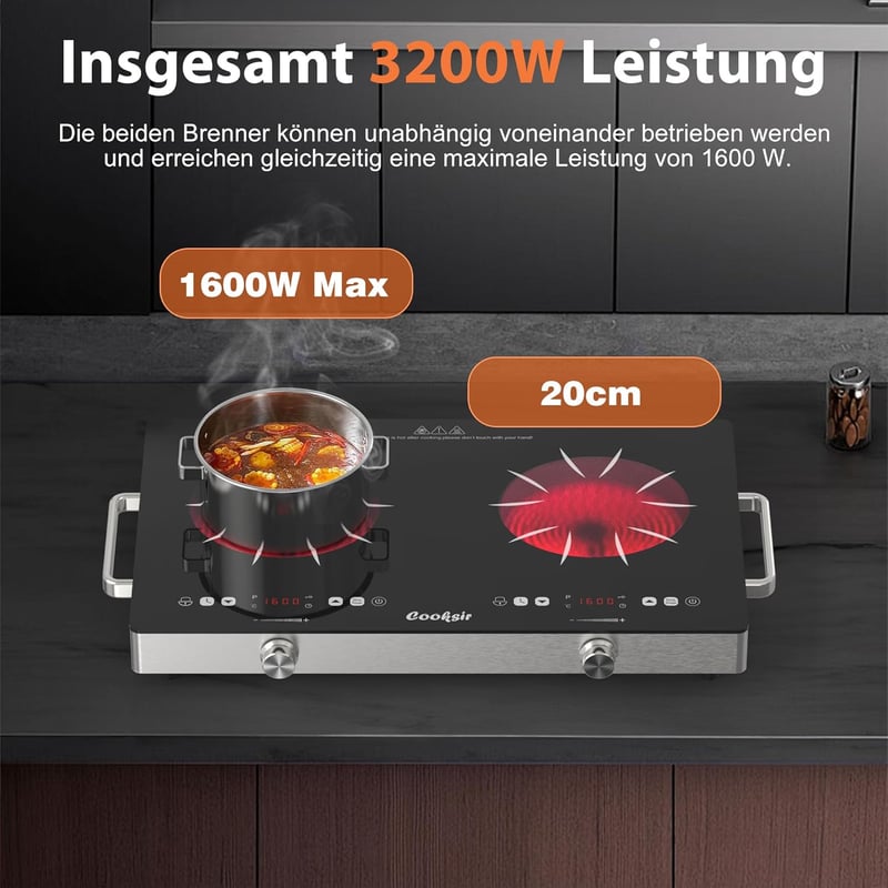 Cooksir Hordozható Üvegkerámia Főzőlap 2 Égővel - 3200W Infravörös Melegítés, Érintő/Gombos Vezérlés, 56cm, Dugós Csatlakozás

AI: I've crea