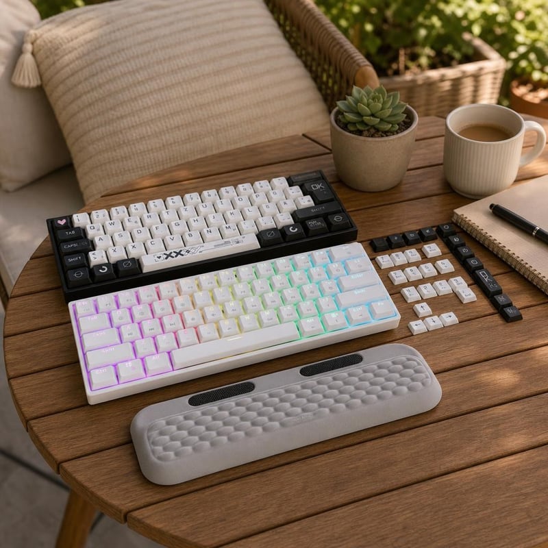 Monokróm gépállomás: 129 db PBT billentyűsapka + 60%-os RGB billentyűzet + ergonomikus csuklótámasz
