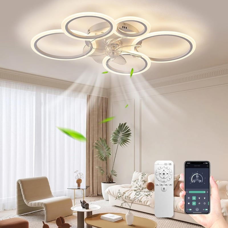 KSIBNW LED Mennyezeti Lámpa Ventilátorral - 70W Dimmelhető Fehér Lámpatest, Távirányítóval és Applikációval, 6 Sebességű Modern Ventilátor N