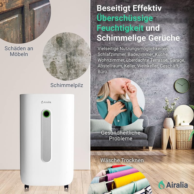 Airalia AIR-DH20 Elektromos Párátlanító 20L/nap - 6,5L Tartály, Tömlős Vízelvezetés, 195m³/óra Légáramlás, 40m² Helyiségekhez