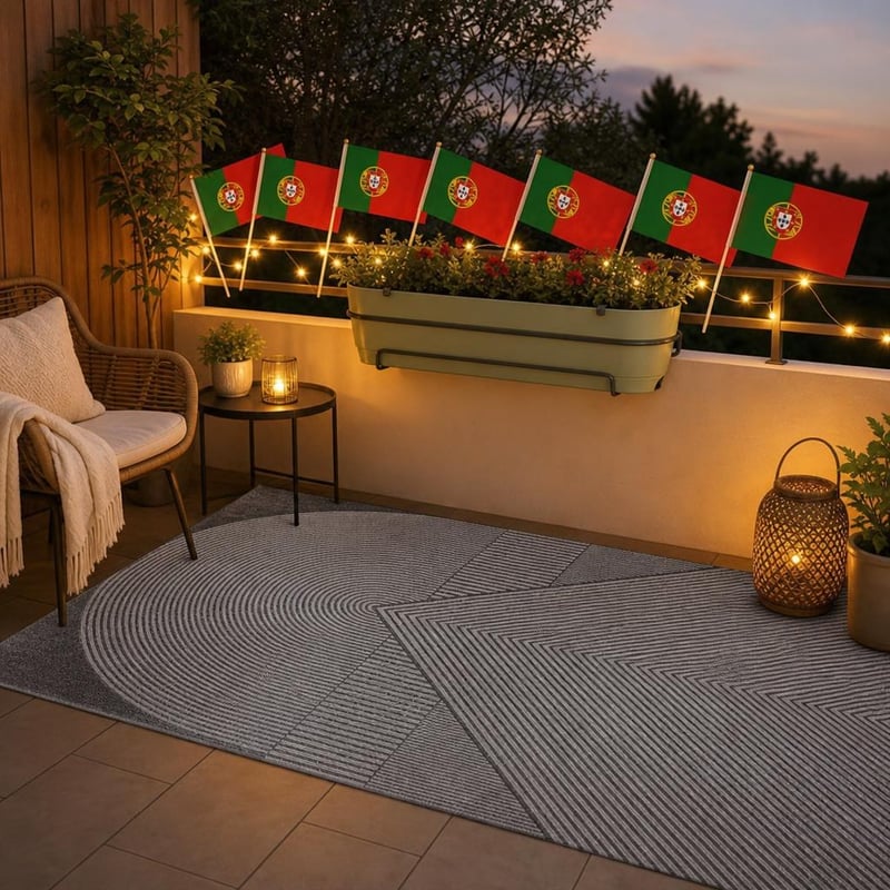 Erkélyvarázs dekorcsomag: 70 cm balkonláda + 10 m LED fényfüzér + 160x230 cm szőnyeg + 50 db zászló