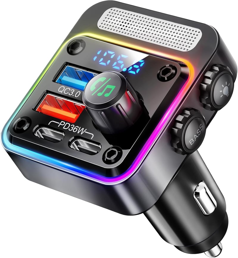 Nulaxy 54W Bluetooth 5.3 FM Transzmitter Autóba - 4 Töltőporttal (PD 36W & QC3.0 18W), 5 Színű LED Háttérvilágítás, Mélyhangzású Lejátszó, K