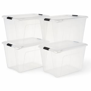 Cutie de depozitare Iris Ohyama BSB-55 cu capac, 55L, 4 bucăți, transparentă, suprapozabilă — defectă, parțial funcțională: colțurile a 4 capace sunt deteriorate (stare: vezi a 2-a imagine)