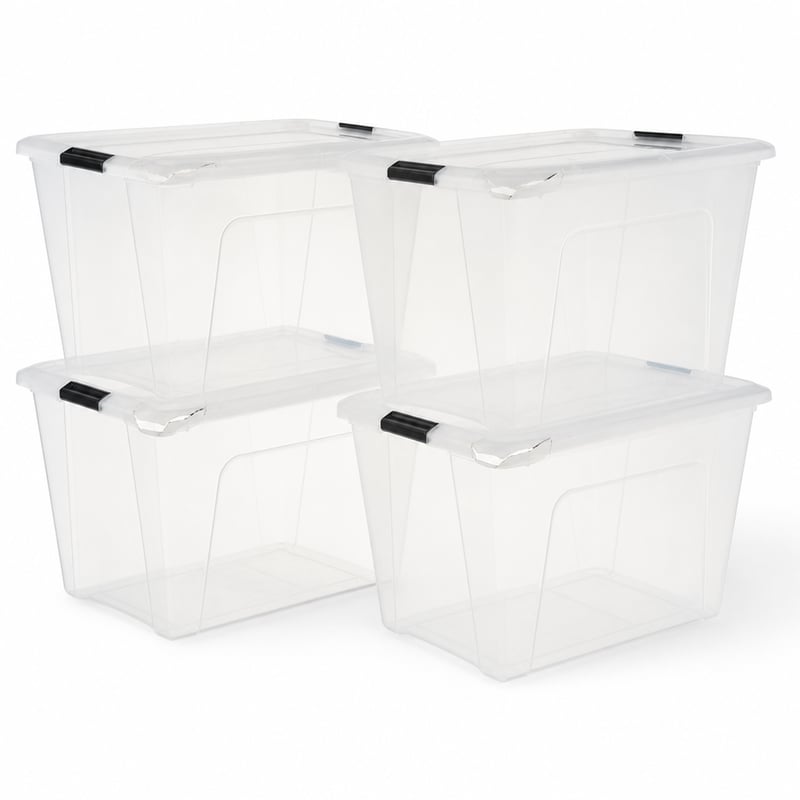 Cutie de depozitare Iris Ohyama BSB-55 cu capac, 55L, 4 bucăți, transparentă, suprapozabilă — defectă, parțial funcțională: colțurile a 4 capace sunt deteriorate (stare: vezi a 2-a imagine)