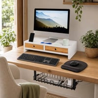 Focus set za stol: bežična tipkovnica i miš + podloga s osloncem + stalak za monitor + organizator kabela 1