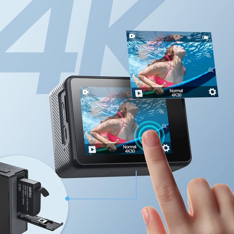 Surfola 4K 60FPS Akciókamera, 40M Vízálló, WiFi, EIS Stabilizátor, 170° Széles Látószög, Dupla Kijelző, Vezeték Nélküli Mikrofonnal, 2 Akkum