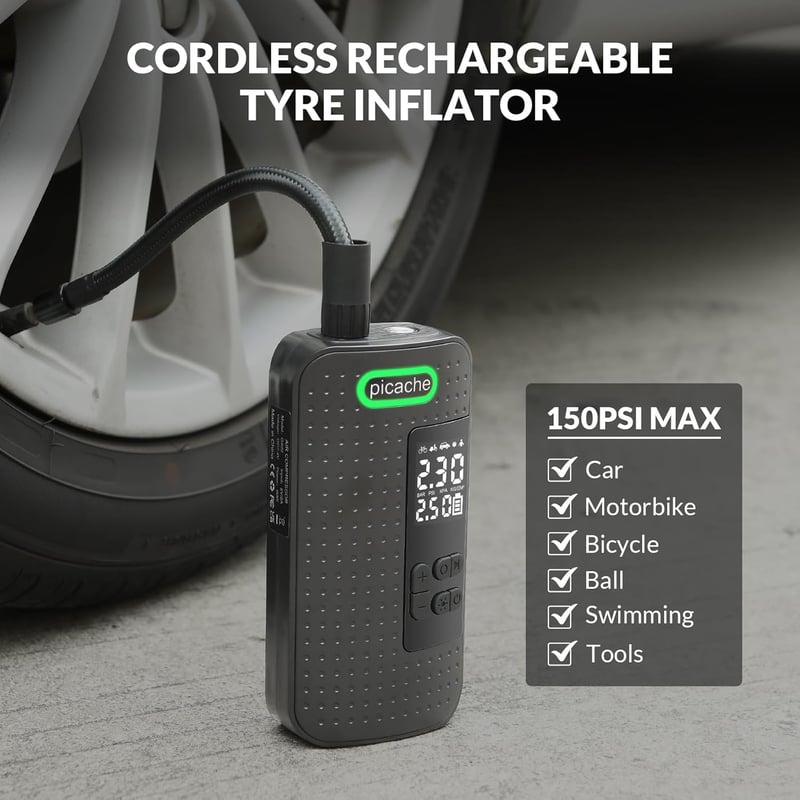 Hordozható digitális autó és kerékpár kompresszor - 150PSI, LED, 2000mAh