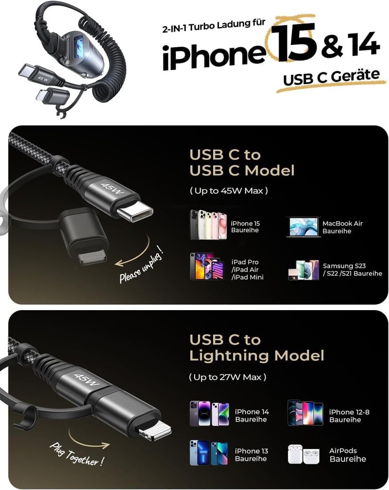LISEN 90W-os USB szivargyújtó adapter autóba, iPhone és Samsung kompatibilis