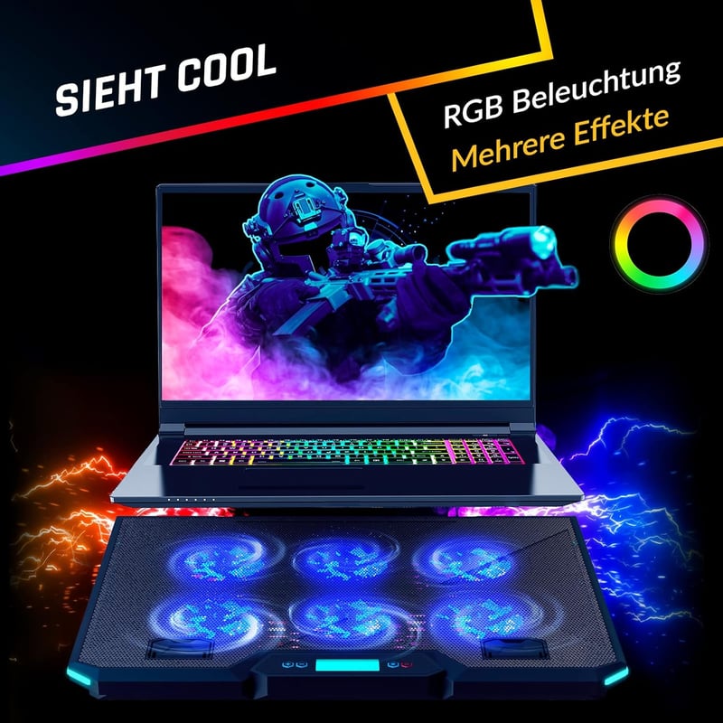 KLIM Glacier Laptop Hűtő - 6 Ventilátoros RGB Háttérvilágítással - 11-17 Colos Laptopokhoz - Stabil és Csendes Gamer Hűtőpad - USB Tápellátá